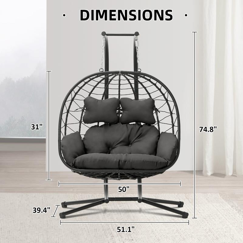RIWENGO Double Hanging Egg Chair with Weather-Resistant Cushion, 700Lbs Capacity - Foldable Patio Swing Chair with Handwoven PE Wicker & Rust-Proof Frame, for Garden, Porch, Backyard