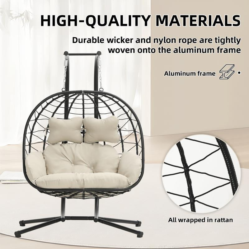 RIWENGO Double Hanging Egg Chair with Weather-Resistant Cushion, 700Lbs Capacity - Foldable Patio Swing Chair with Handwoven PE Wicker & Rust-Proof Frame, for Garden, Porch, Backyard