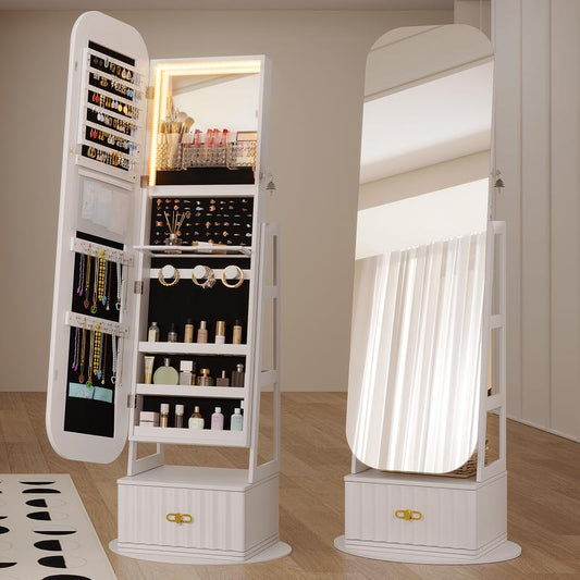 Miu Round-Corner Design Full-Length Mirror with 360° Swivel & Led-Lit Features, Bottom Drawer Storage, Lockable Design Brush Cabinet