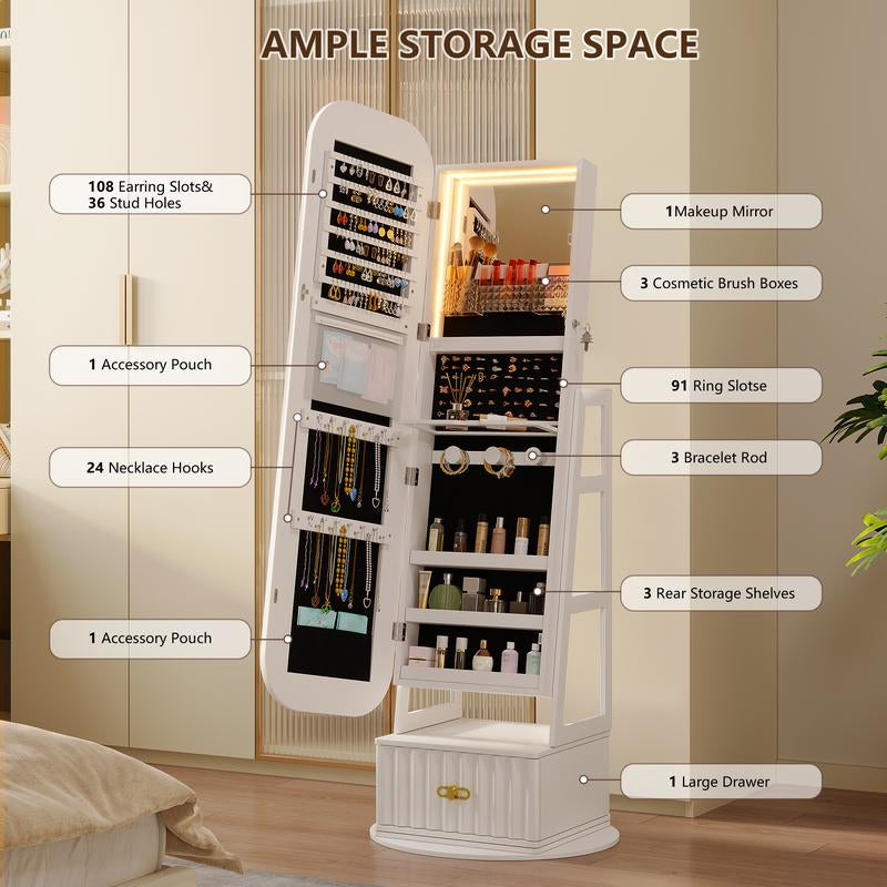 Miu Round-Corner Design Full-Length Mirror with 360° Swivel & Led-Lit Features, Bottom Drawer Storage, Lockable Design Brush Cabinet