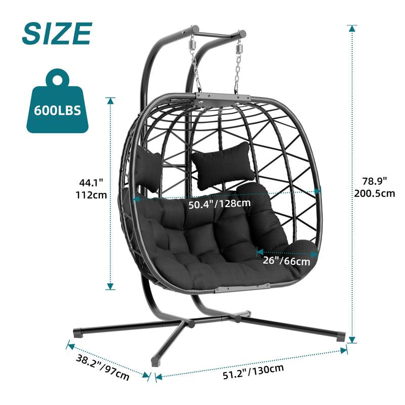 RIWENGO Double Hanging Egg Chair with Weather-Resistant Cushion, 700Lbs Capacity - Foldable Patio Swing Chair with Handwoven PE Wicker & Rust-Proof Frame, for Garden, Porch, Backyard