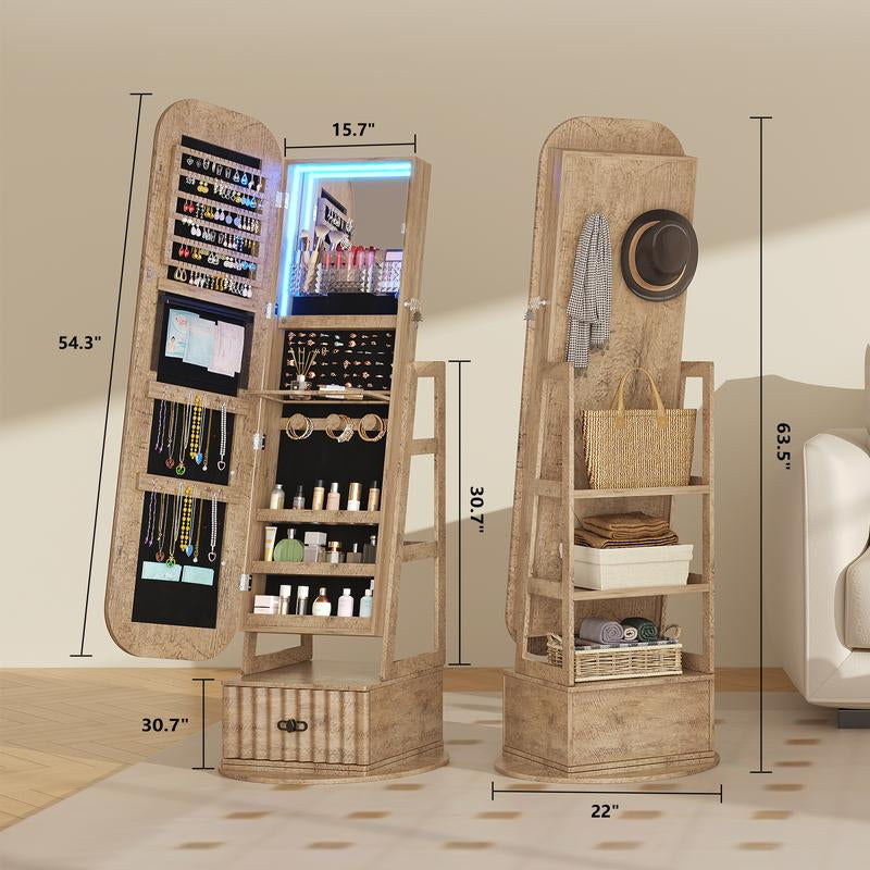 Miu Round-Corner Design Full-Length Mirror with 360° Swivel & Led-Lit Features, Bottom Drawer Storage, Lockable Design Brush Cabinet