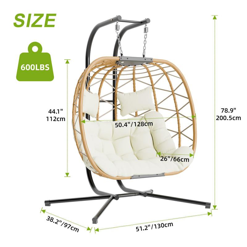 RIWENGO Double Hanging Egg Chair with Weather-Resistant Cushion, 700Lbs Capacity - Foldable Patio Swing Chair with Handwoven PE Wicker & Rust-Proof Frame, for Garden, Porch, Backyard
