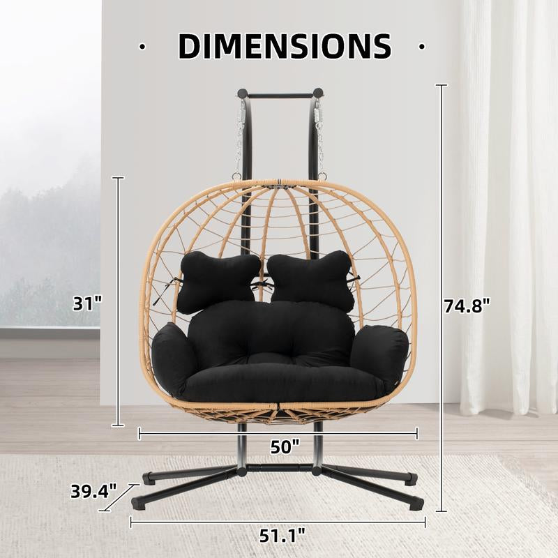 RIWENGO Double Hanging Egg Chair with Weather-Resistant Cushion, 700Lbs Capacity - Foldable Patio Swing Chair with Handwoven PE Wicker & Rust-Proof Frame, for Garden, Porch, Backyard