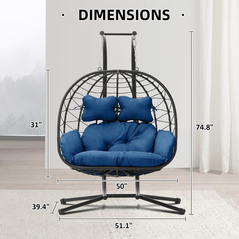 RIWENGO Double Hanging Egg Chair with Weather-Resistant Cushion, 700Lbs Capacity - Foldable Patio Swing Chair with Handwoven PE Wicker & Rust-Proof Frame, for Garden, Porch, Backyard