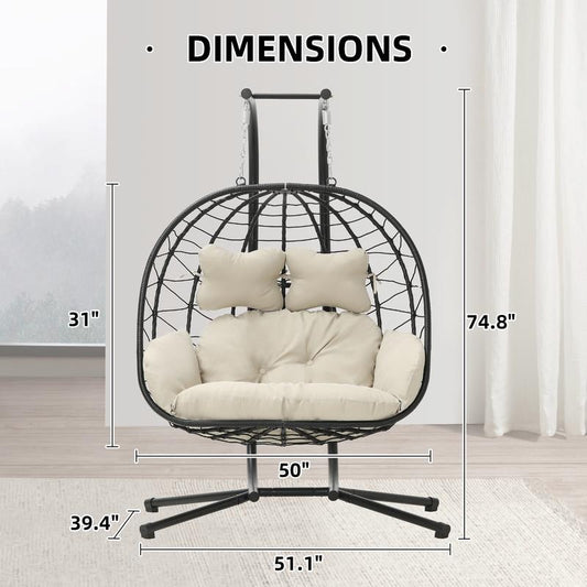 RIWENGO Double Hanging Egg Chair with Weather-Resistant Cushion, 700Lbs Capacity - Foldable Patio Swing Chair with Handwoven PE Wicker & Rust-Proof Frame, for Garden, Porch, Backyard