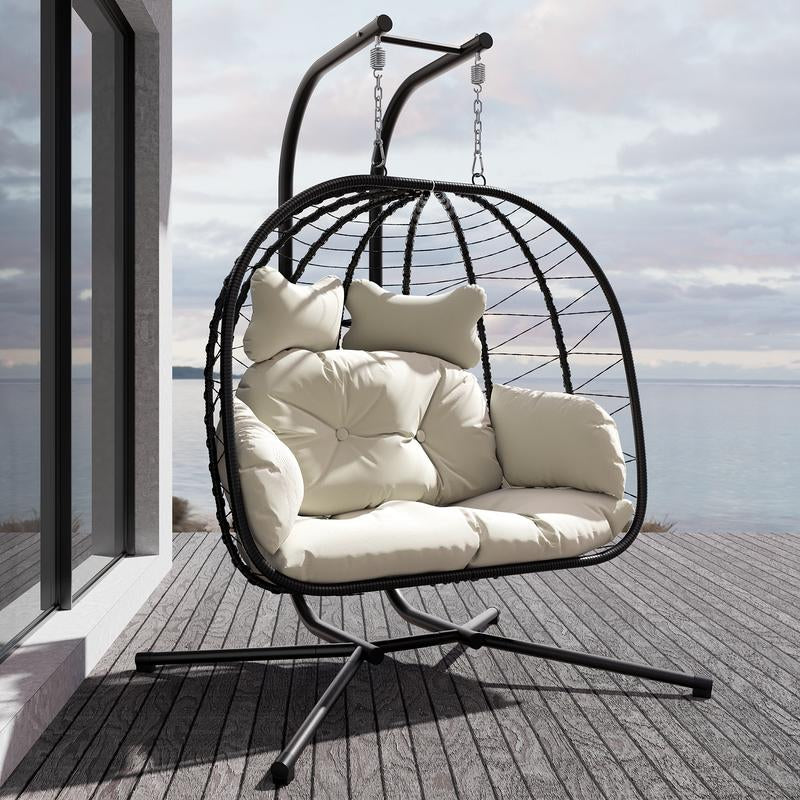 RIWENGO Double Hanging Egg Chair with Weather-Resistant Cushion, 700Lbs Capacity - Foldable Patio Swing Chair with Handwoven PE Wicker & Rust-Proof Frame, for Garden, Porch, Backyard