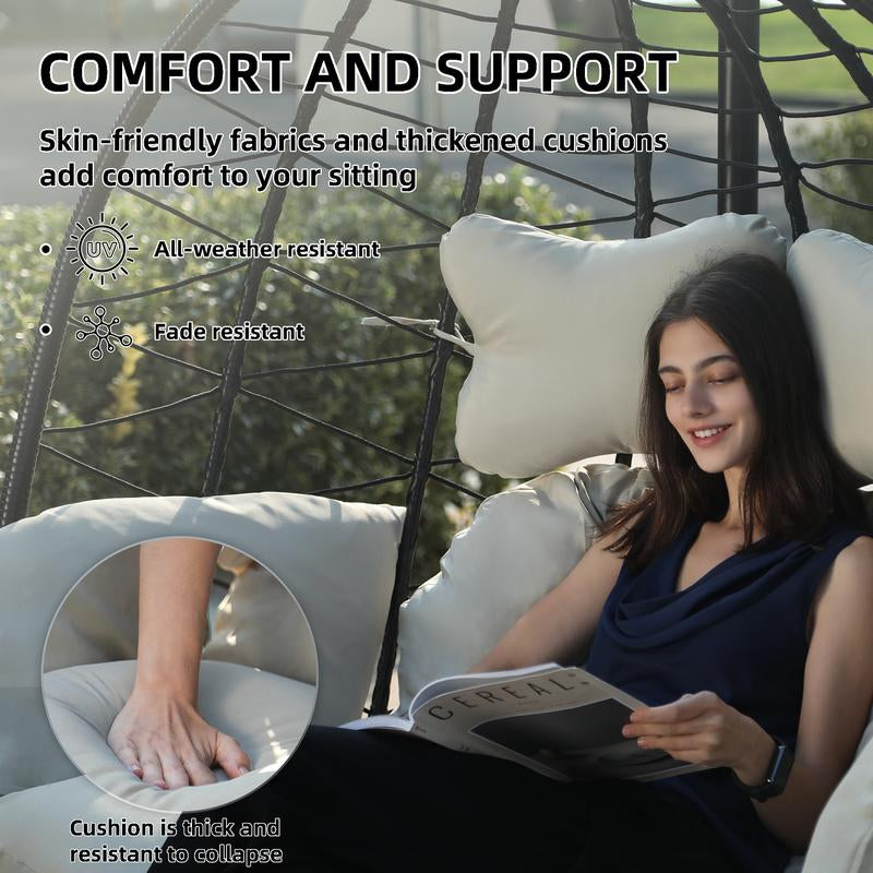 RIWENGO Double Hanging Egg Chair with Weather-Resistant Cushion, 700Lbs Capacity - Foldable Patio Swing Chair with Handwoven PE Wicker & Rust-Proof Frame, for Garden, Porch, Backyard