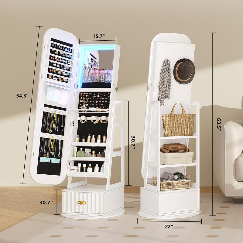 Miu Round-Corner Design Full-Length Mirror with 360° Swivel & Led-Lit Features, Bottom Drawer Storage, Lockable Design Brush Cabinet