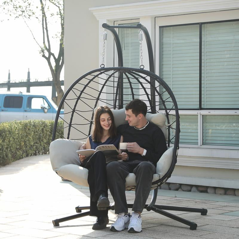 RIWENGO Double Hanging Egg Chair with Weather-Resistant Cushion, 700Lbs Capacity - Foldable Patio Swing Chair with Handwoven PE Wicker & Rust-Proof Frame, for Garden, Porch, Backyard