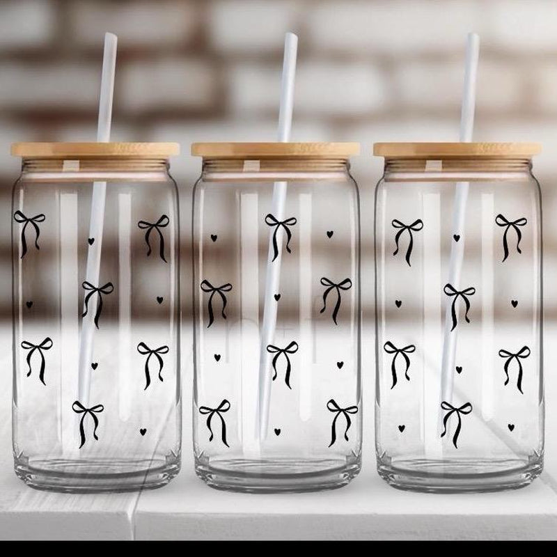 Black Bows 16Oz Glass Cup W/Glass Straw and Bamboo Lid Drinkware