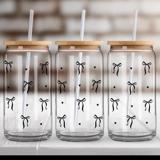 Black Bows 16Oz Glass Cup W/Glass Straw and Bamboo Lid Drinkware